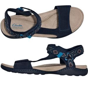 Clarks Amanda Step Riptape Summer Comfy Sandals  Navy Suede Size 11